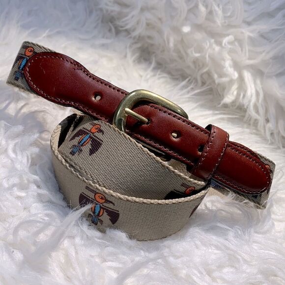 THOMAS Bates Bird Design Fabric Belt Leather Trim 5 Holes Brass Buckle Size 40 - Picture 6 of 6